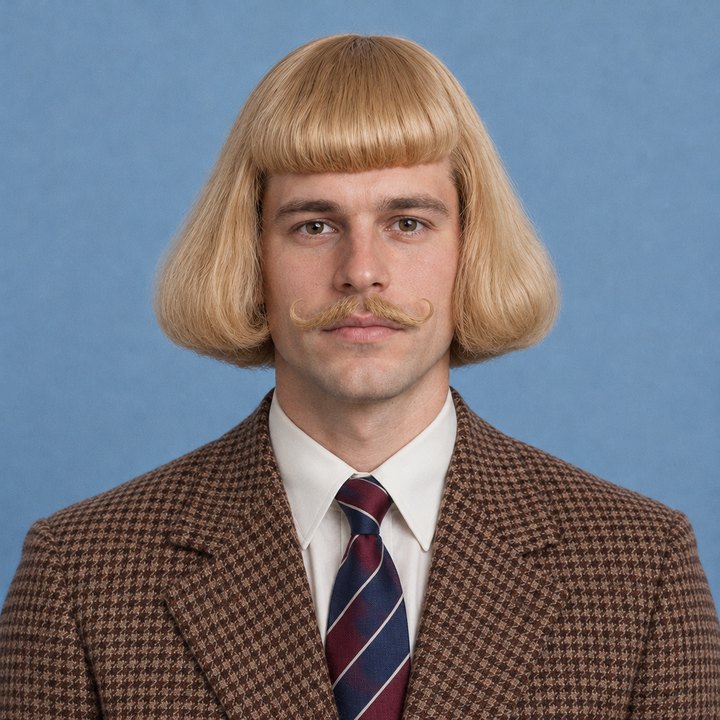 The same man as Jean Phil: blond bowl cut, curled mustache, houndstooth jacket, striped tie
