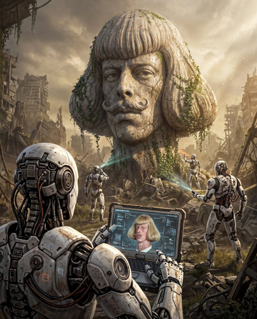Artwork from the beeple post: a giant overgrown stone head of Jean Phil in a ruined city, with robots studying his portrait on a laptop
